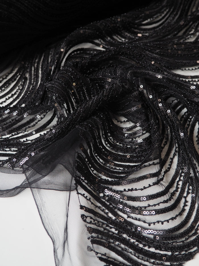 Black Wave Beaded Sequin Tulle