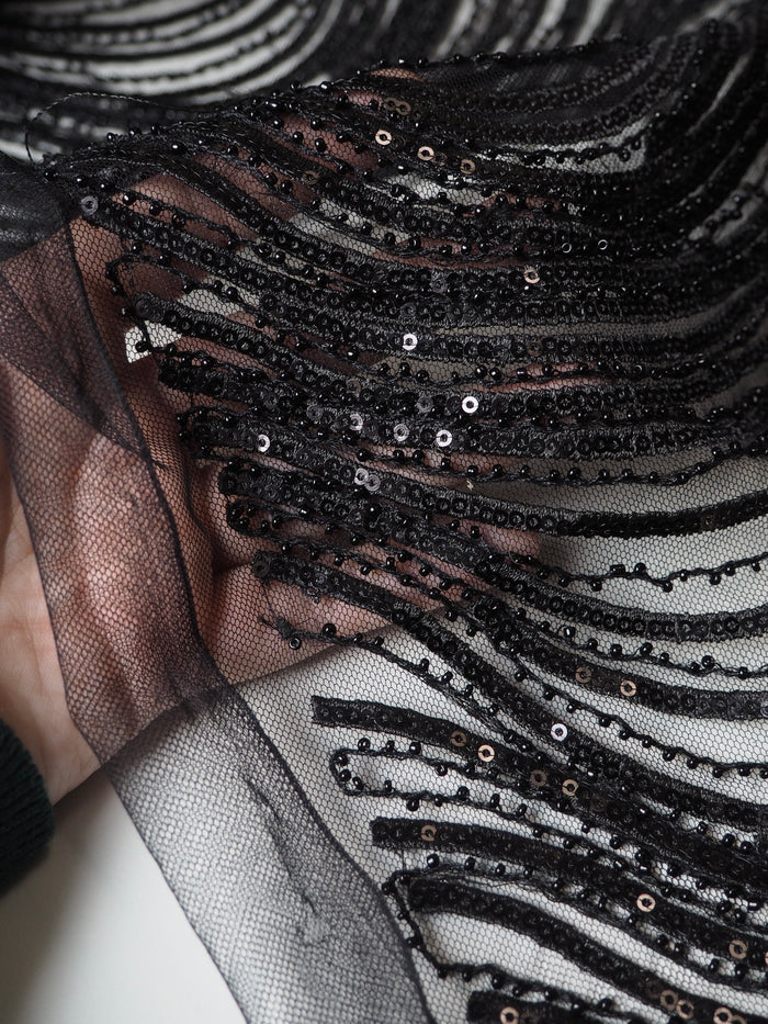 Black Wave Beaded Sequin Tulle