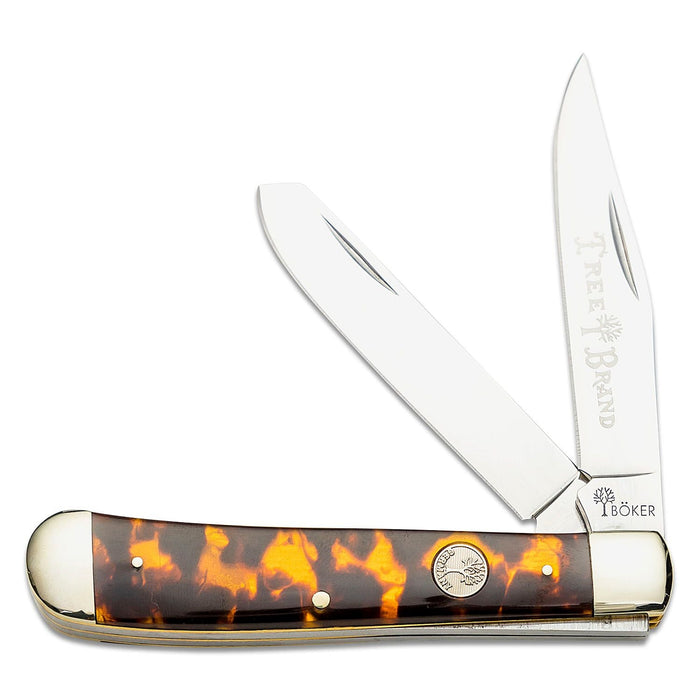 Boker Trapper pocket knife with tortoiseshell handle, satin D2 steel clip and spey blades, and brass liners.