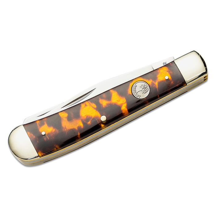 Boker Traditional Series 2.0 Trapper pocket knife with tortoise shell handle, satin D2 steel blades, and brass liners.