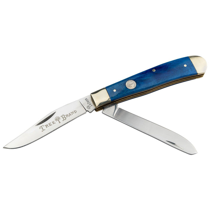 Boker Traditional Series 2.0 Trapper knife with blue bone handle, satin D2 steel clip and spey blades, and brass liners.
