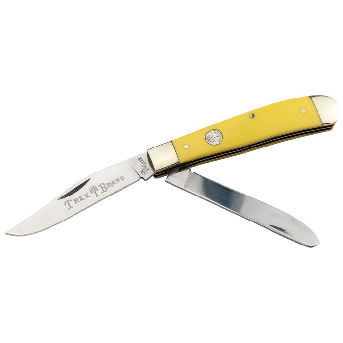Boker Trapper knife with yellow handle, satin D2 steel clip and spey blades, and brass liners on a white background.