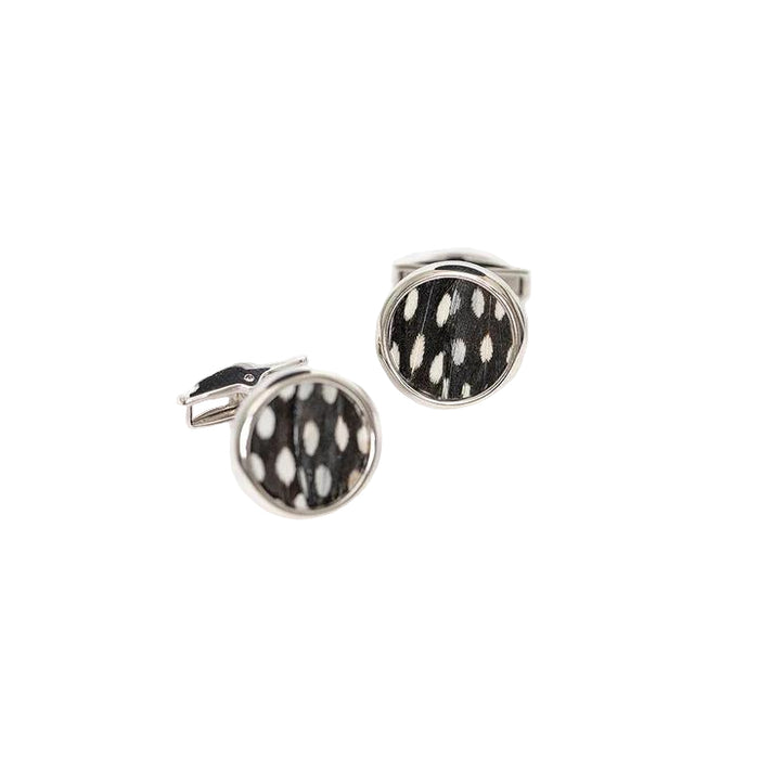 18mm round cufflinks featuring black and white guinea feathers in a polka dot pattern with rhodium plated hardware.