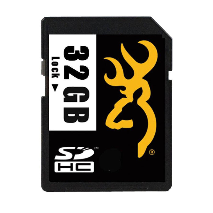 Black Browning 32GB SDHC memory card with a yellow buck logo and white storage capacity text.