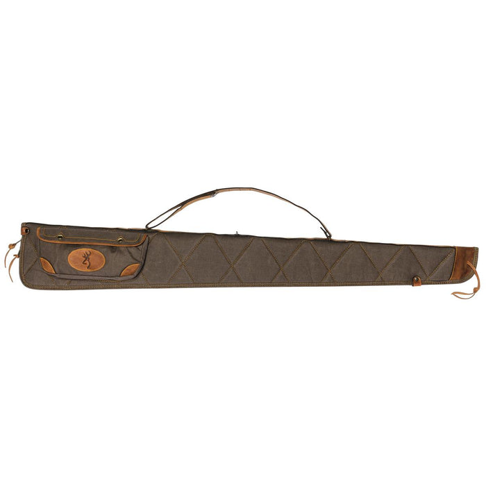 Browning quilted brown canvas shotgun case with aged leather trim, shoulder strap, and side storage pocket.