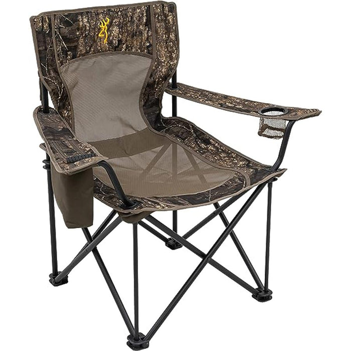 Oversized Browning Kodiak camo folding camp chair with a black steel frame, mesh center, and armrest cooler pouch.