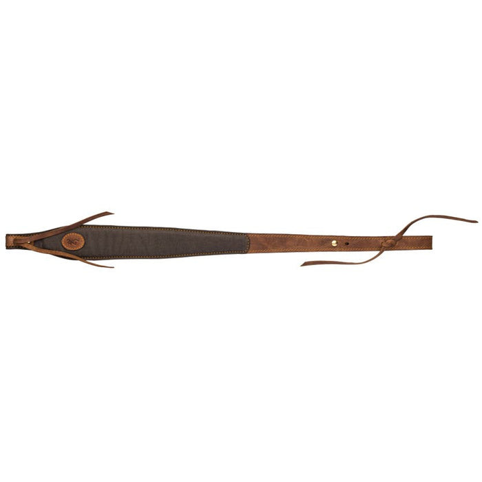 Browning Lona rifle sling in brown canvas with Crazy Horse leather accents, suede backing, and Buckmark logo patch.