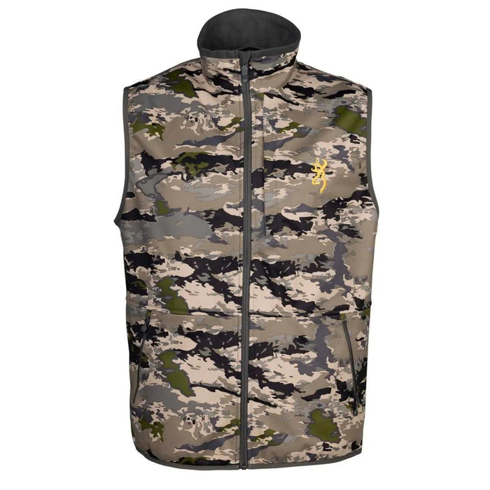 Browning camo soft shell vest with full front zipper, tall collar, and yellow logo on the chest pocket.