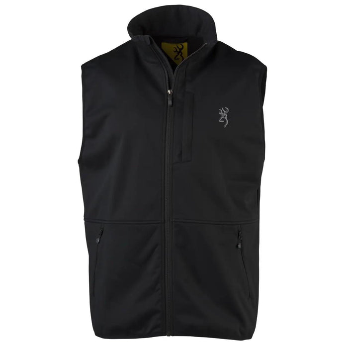 Black Browning soft shell vest with a full front zipper, tall collar, chest pocket, and embroidered buckmark logo.