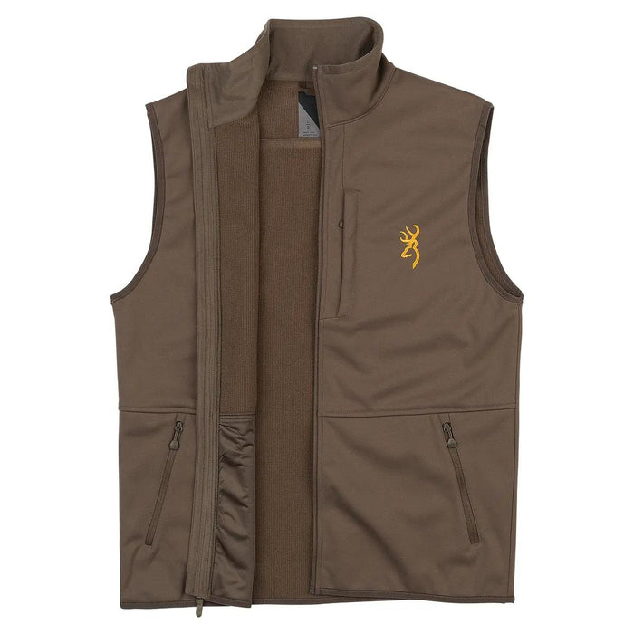 Brown Browning soft shell vest with fleece lining, full front zipper, chest pocket, and yellow buck logo embroidery.