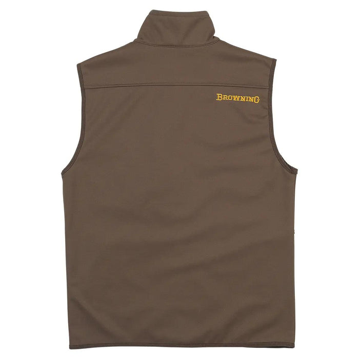 Back view of a brown Browning soft shell vest with a high collar and yellow logo embroidery on the upper back.