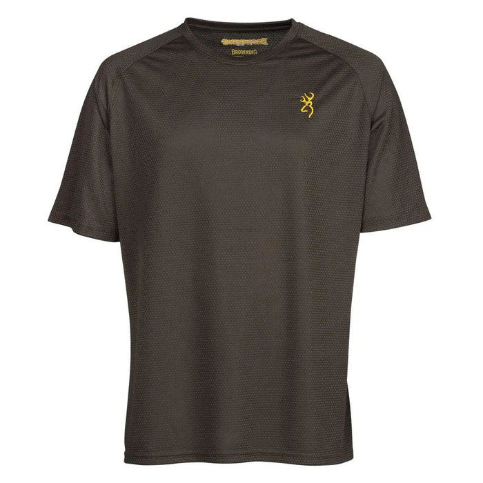 Dark brown Browning short-sleeve tech shirt in breathable, moisture-wicking jacquard mesh with a gold embroidered logo.