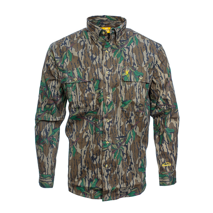 Browning Wasatch long sleeve cotton button-down hunting shirt in a camouflage pattern with two chest pockets.