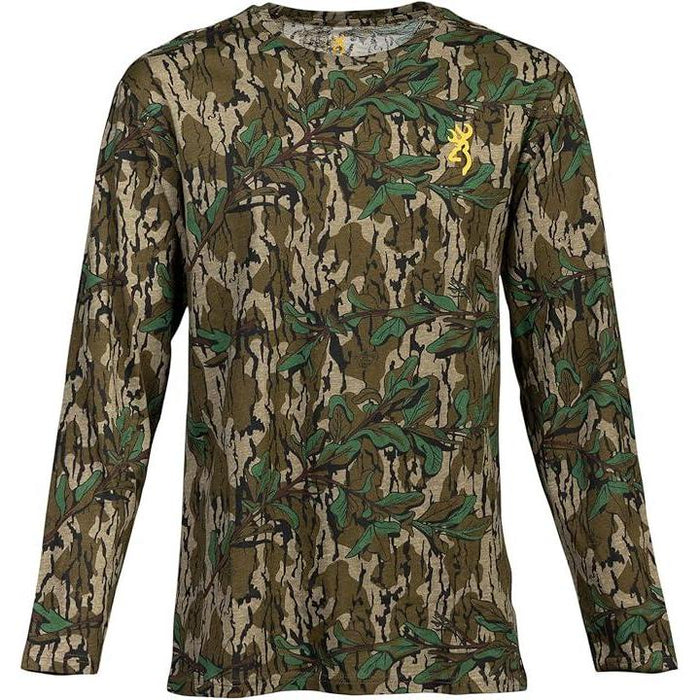 Browning Wasatch long sleeve crew neck t-shirt in camouflage print with a yellow logo on the chest.