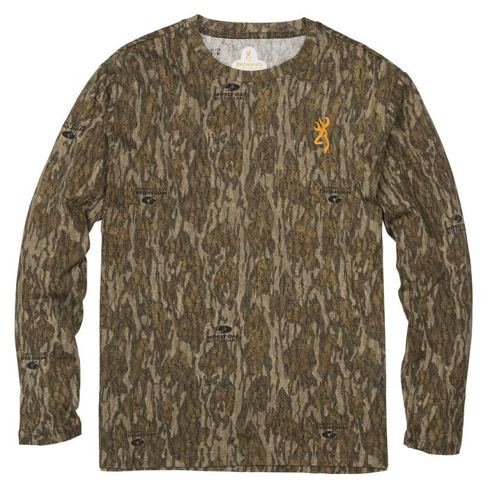 Browning Wasatch long sleeve cotton t-shirt in Mossy Oak Bottomland camo with a crew neck and orange buck logo.