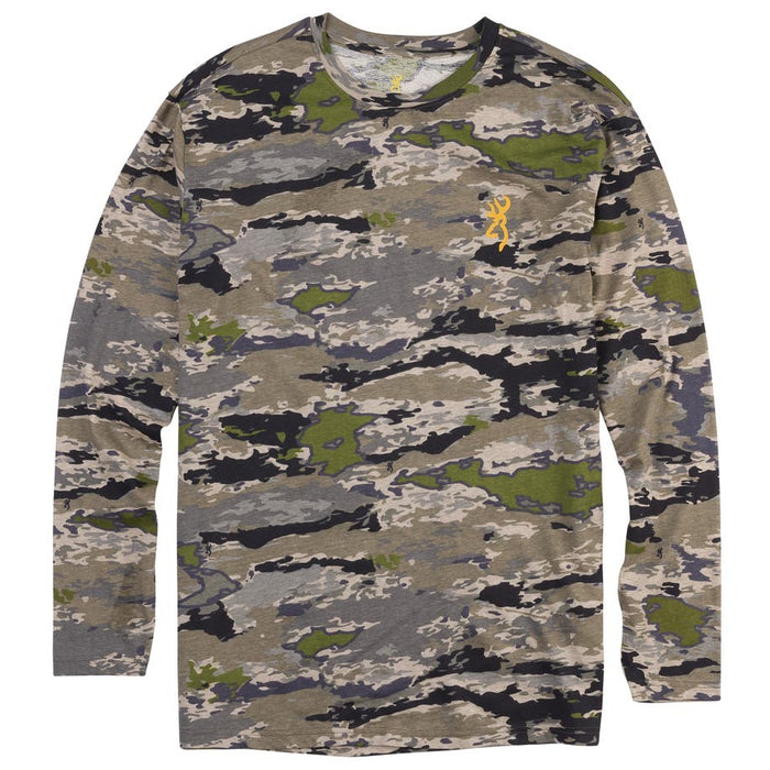 Browning Wasatch long sleeve cotton t-shirt in camouflage print with a yellow buck logo on the chest.