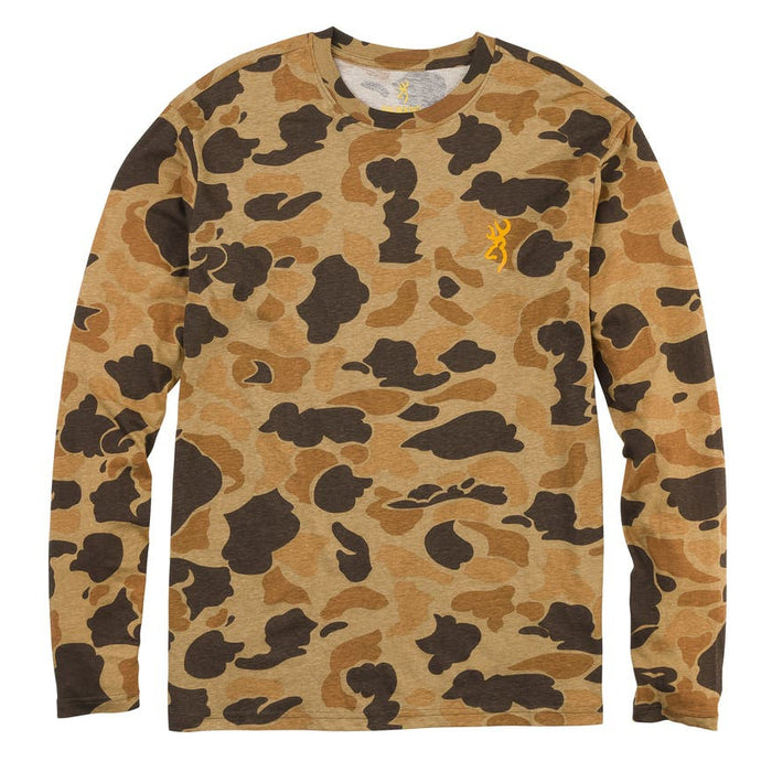 Browning Wasatch long sleeve cotton crew neck t-shirt in brown camouflage with a yellow buck logo on the chest.