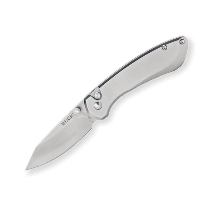 Buck 743 Mini Sovereign button lock pocket knife with a sleek stainless steel handle and deep carry pocket clip.