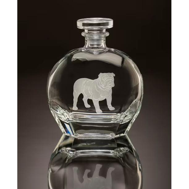 Round crystal decanter with a hand-etched bulldog design and glass stopper, 7.5-inch tall artisanal barware.