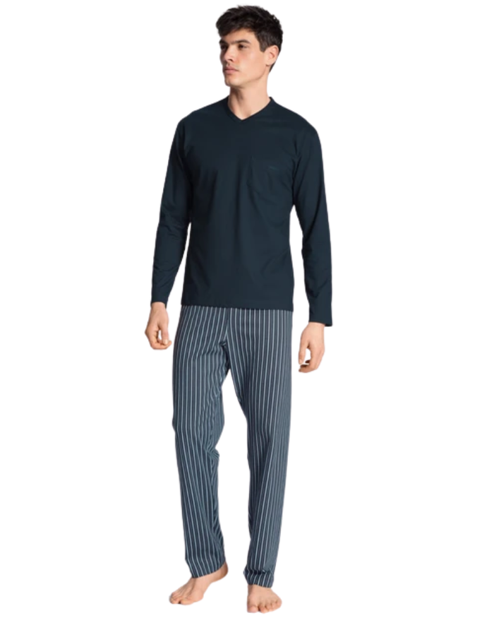 Calida 40580 #479 Dark Sapphire Relax Imprint Men's 100% Cotton Pajamas myselflingerie.com