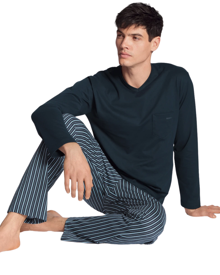 Calida 40580 #479 Dark Sapphire Relax Imprint Men's 100% Cotton Pajamas myselflingerie.com