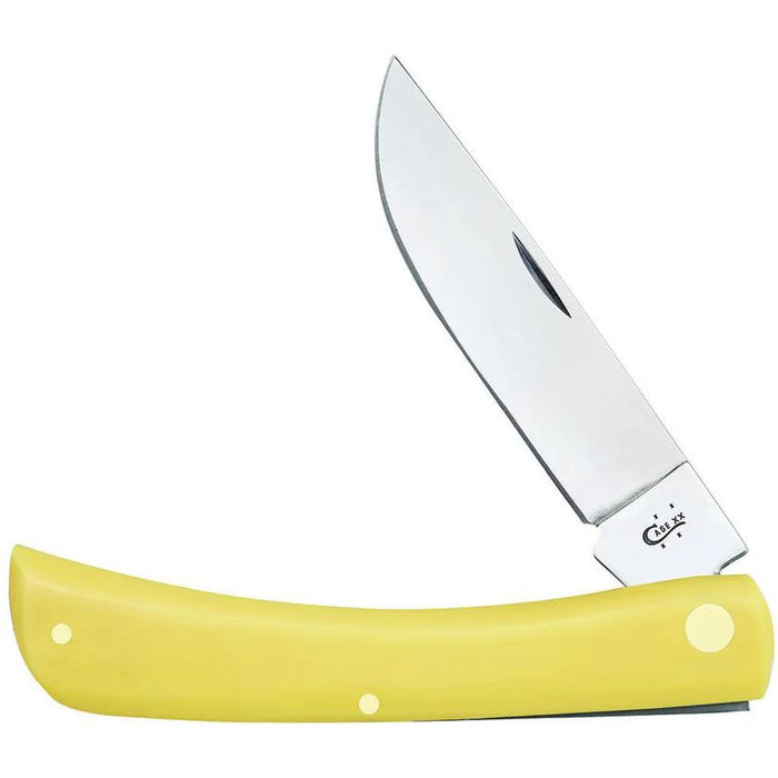 Case Sod Buster knife with a bright yellow synthetic handle and a sharp chrome vanadium skinner blade.