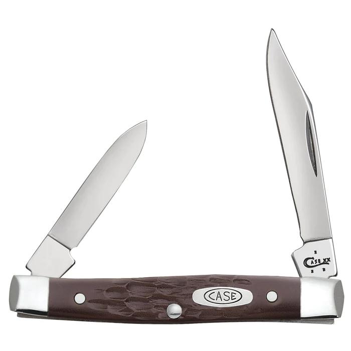Case small pen knife with jigged brown synthetic handle and two polished stainless steel blades.