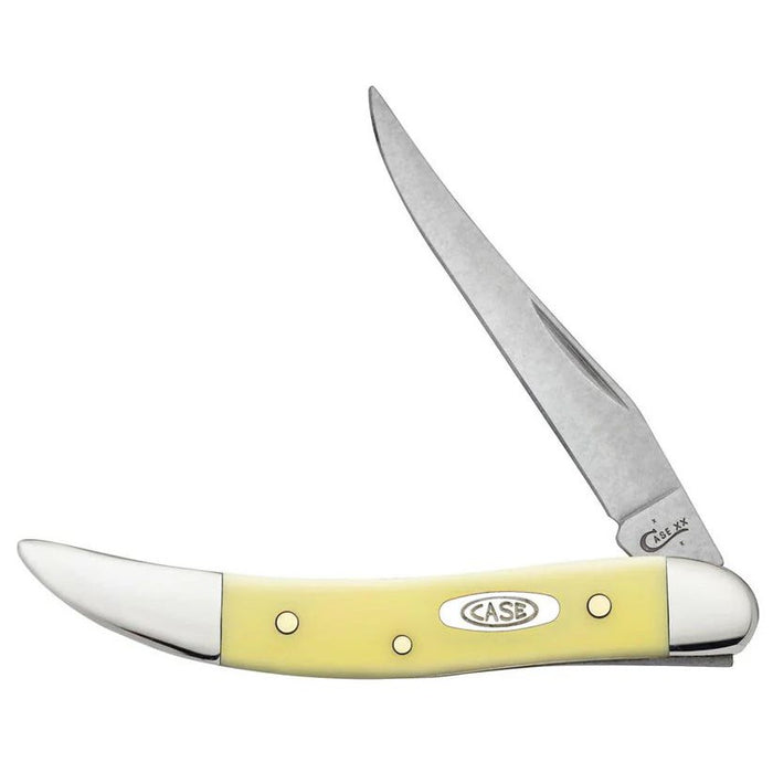Case Small Texas Toothpick pocket knife with a yellow synthetic handle and a single carbon steel clip blade.