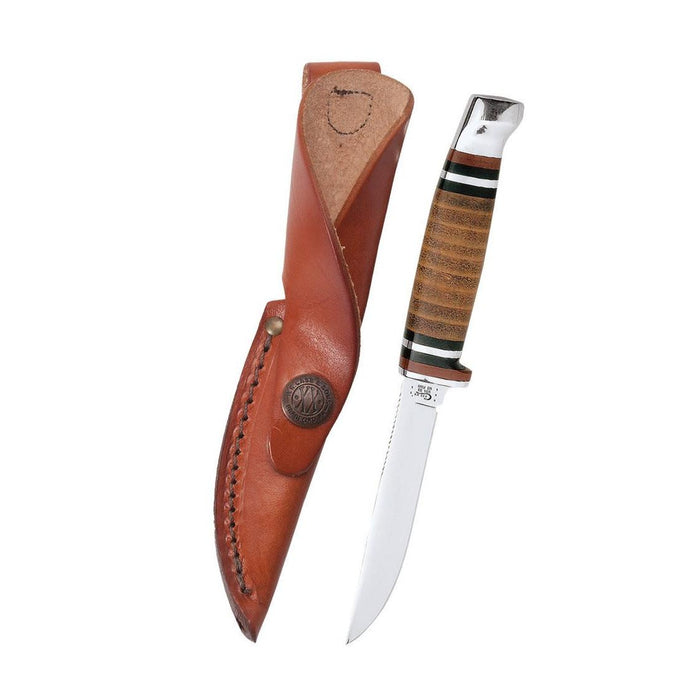 Case Mini FINN hunter knife with a polished stainless steel clip blade, stacked leather handle, and brown leather sheath.