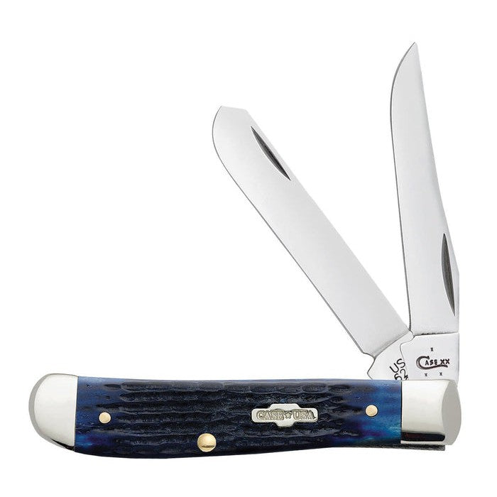 Case Mini Trapper knife with blue bone corn cob jig handle, two stainless steel blades, and polished nickel silver bolsters.