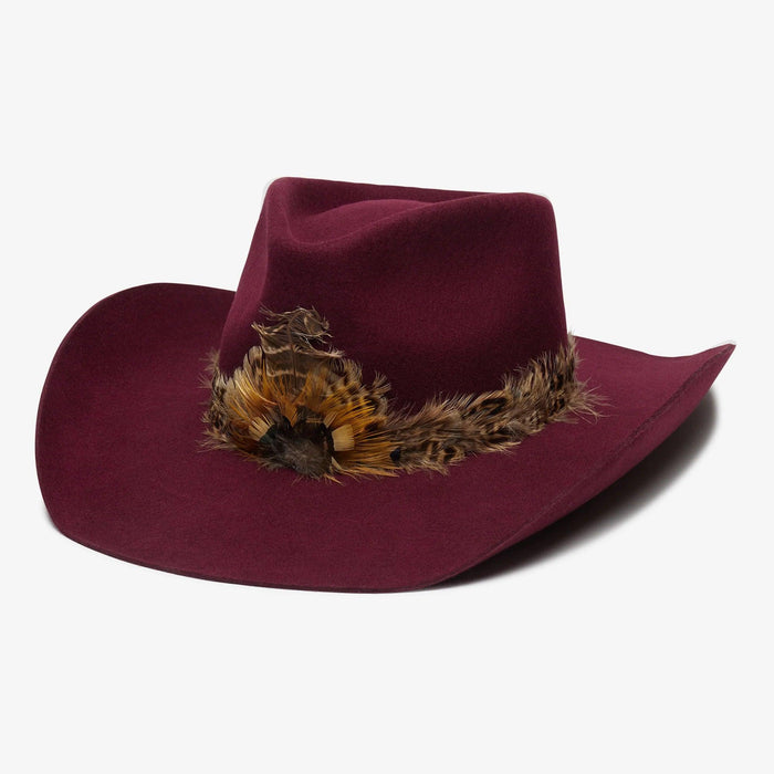 Burgundy Cassidy cowboy hat crafted from premium cashmere wool with a decorative feather band.