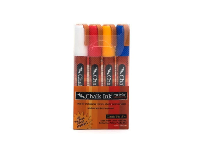 Pack of four Chalk Ink wet-wipe markers in assorted colors.