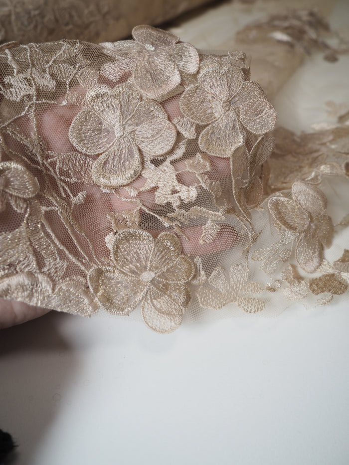 Champagne Embroidered Floral Applique Tulle