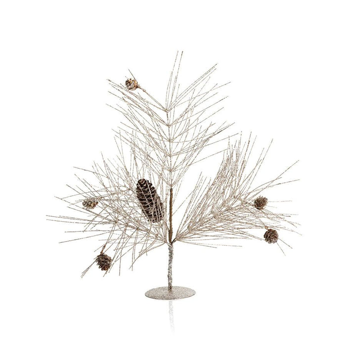 Champagne-colored spruce tree with pinecone accents and a sturdy metal base for elegant holiday tabletop decor.