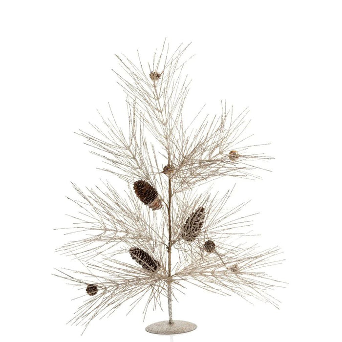Champagne-colored spruce tree with pinecone accents and a sturdy metal base for elegant holiday tabletop decor.
