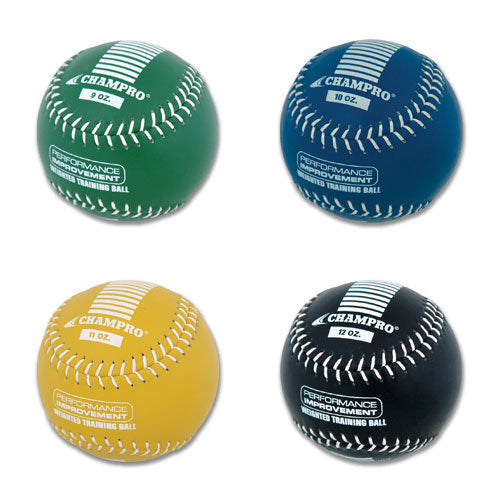 Champro Sports Weighted Training Softball Set (2 Pack): Includes green, blue, yellow, and black balls with white stitching, labeled 9 oz, 10 oz, 11 oz, and 12 oz. Ideal for overload training to boost arm strength.