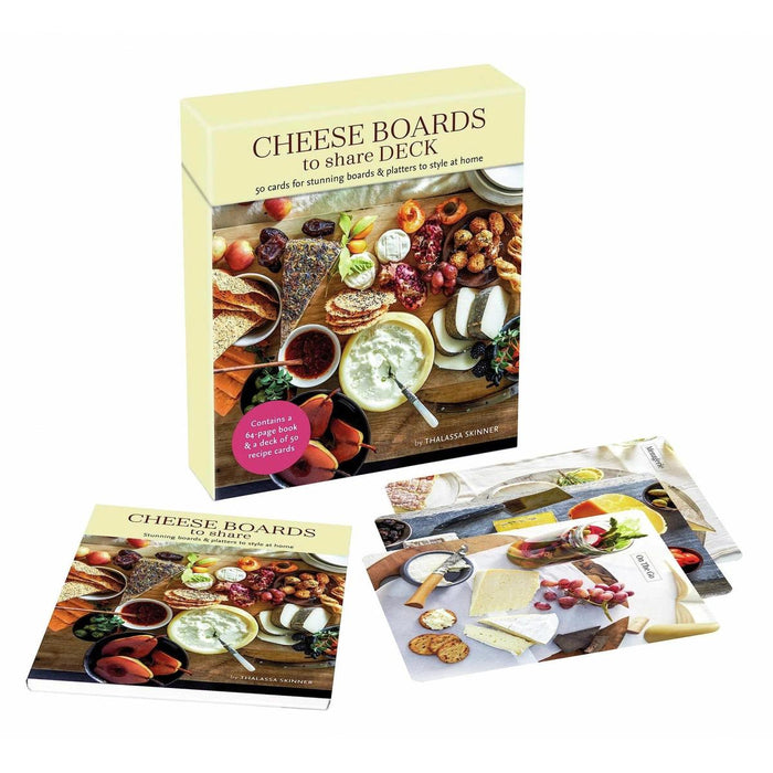 Cheese Boards to Share deck set featuring a 64-page companion book and 50 illustrated recipe cards for styling platters.