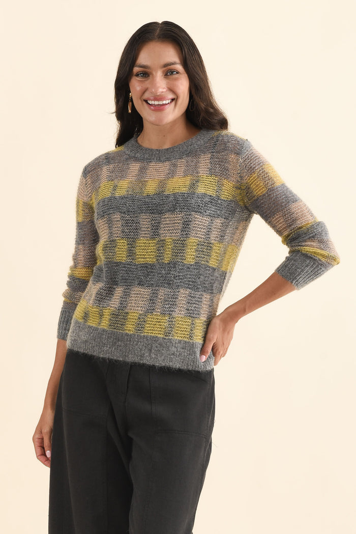 Ciara Camel Stripe Mohair Wool Knit Jumper,Brunette model,alt text|model:Brontie