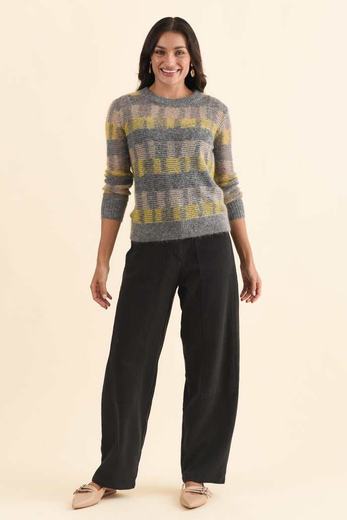 Ciara Camel Stripe Mohair Wool Knit Jumper,Brunette model,alt text|model:Brontie