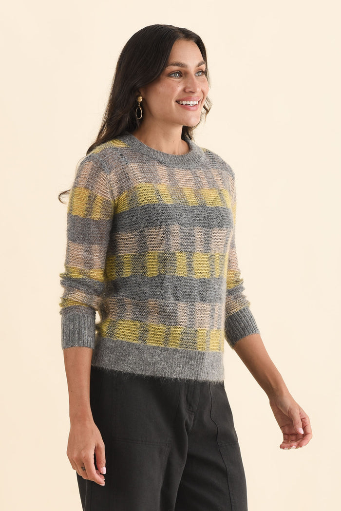 Ciara Camel Stripe Mohair Wool Knit Jumper,Brunette model,alt text|model:Brontie
