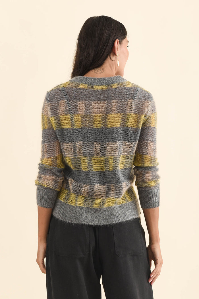 Ciara Camel Stripe Mohair Wool Knit Jumper,Brunette model,alt text|model:Brontie