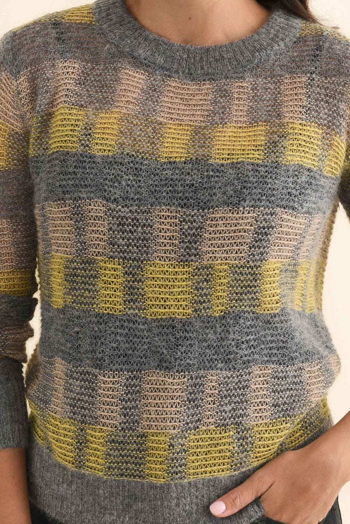 Ciara Camel Stripe Mohair Wool Knit Jumper,Brunette model,alt text|model:Brontie