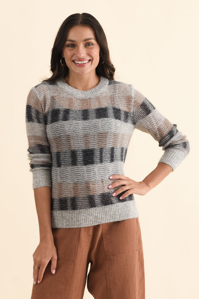 Ciara Grey Stripe Mohair Wool Knit Jumper,Brunette model,alt text|model:Brontie