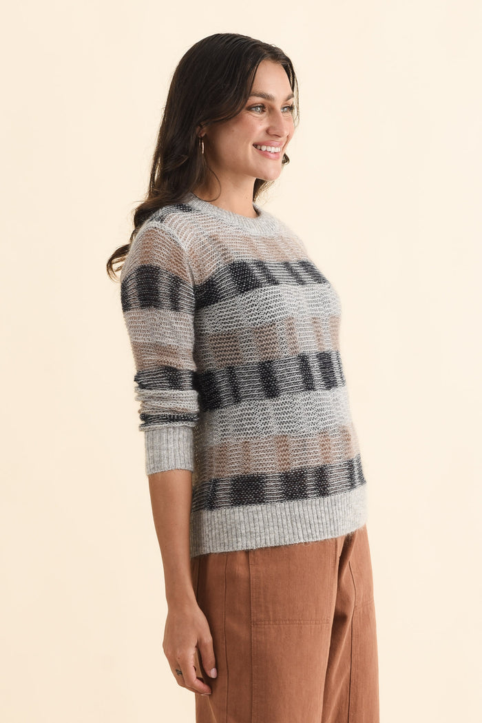 Ciara Grey Stripe Mohair Wool Knit Jumper,Brunette model,alt text|model:Brontie