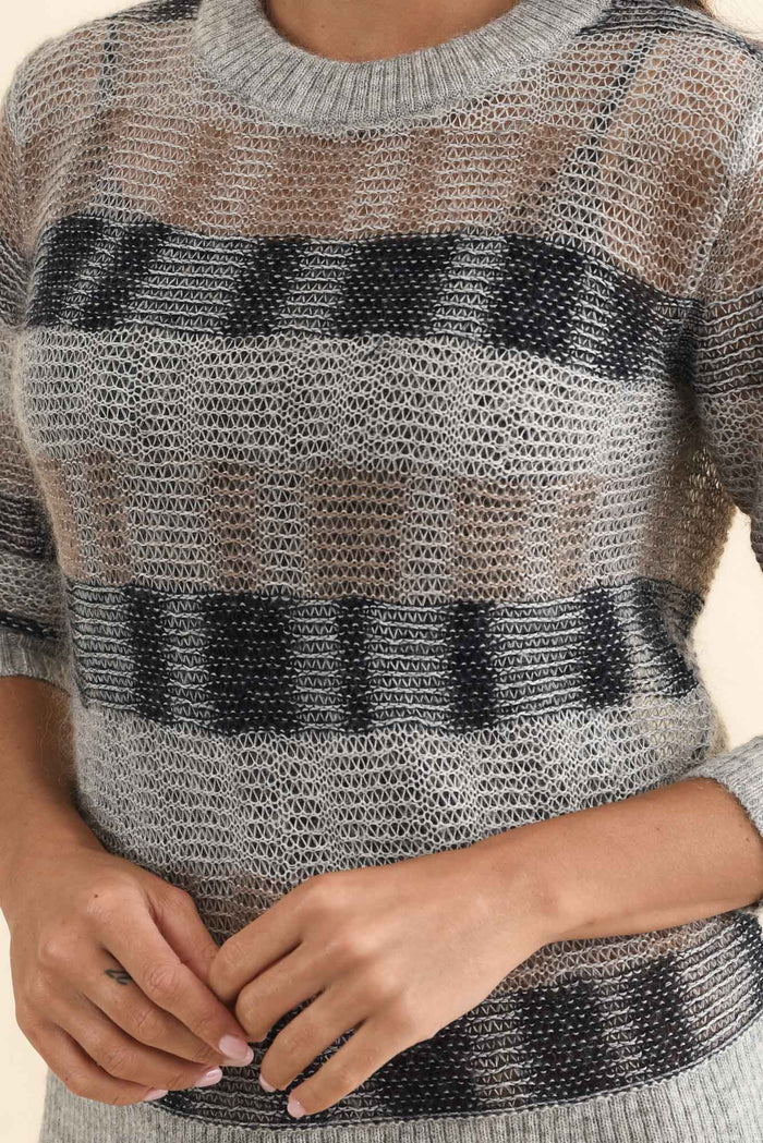Ciara Grey Stripe Mohair Wool Knit Jumper,Brunette model,alt text|model:Brontie