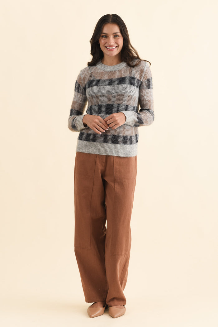 Ciara Grey Stripe Mohair Wool Knit Jumper,Brunette model,alt text|model:Brontie