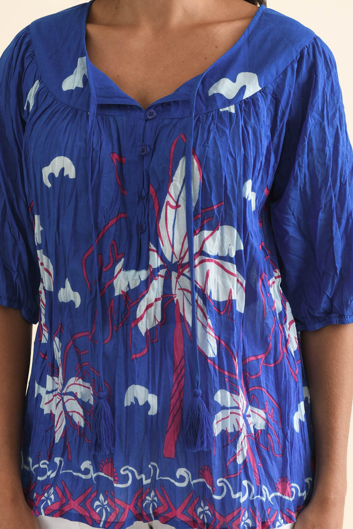 Claris Cobalt Tropical Crinkle Cotton Top,Brunette model,alt text|model:Brontie