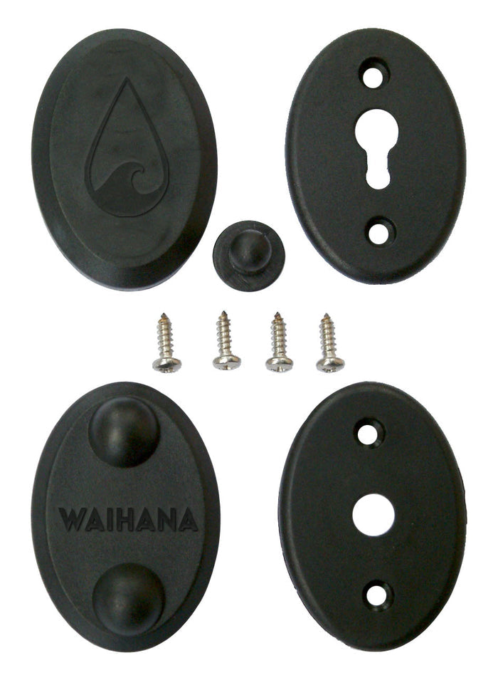 Waihana Classic Wetsuit Buckles kit laid out on white background, including two black oval buckle covers, two keyhole mounting plates, a rubber grommet, and four stainless steel screws.