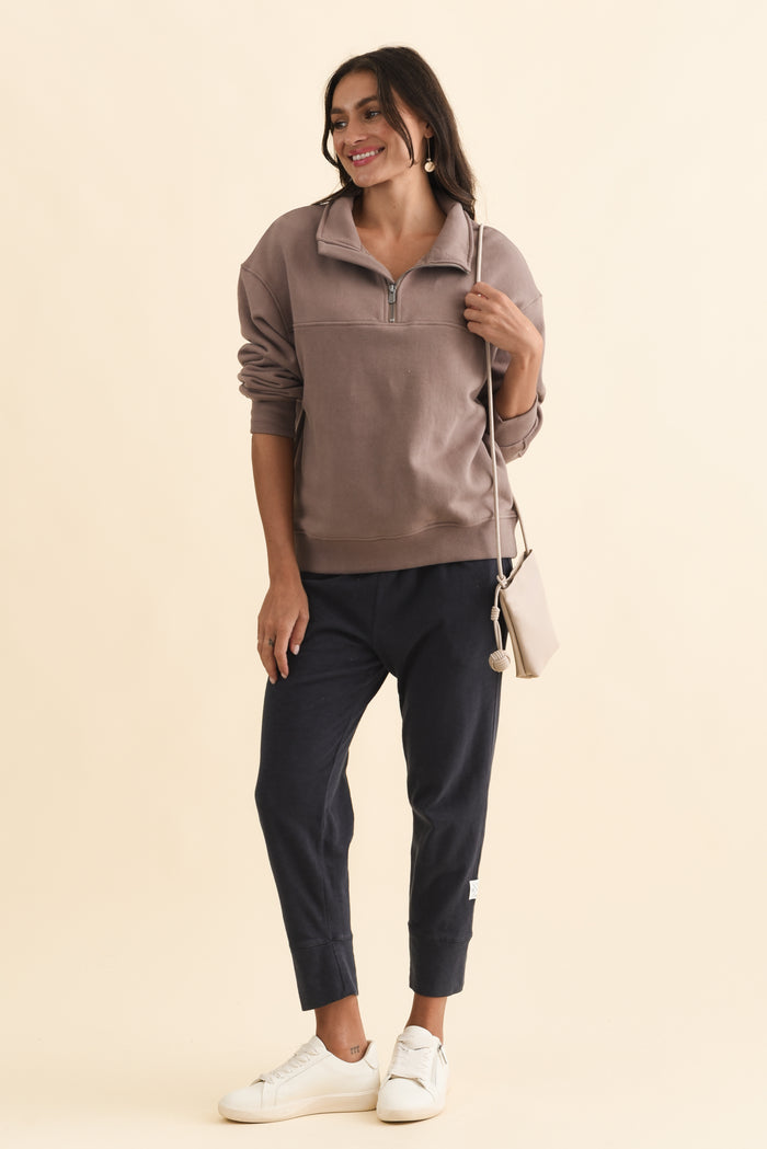 College Mocha Zip Sweatshirt,Brunette model,alt text|model:Brontie