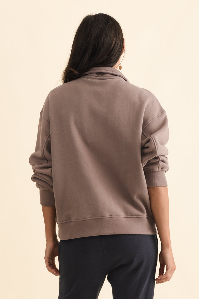 College Mocha Zip Sweatshirt,Brunette model,alt text|model:Brontie